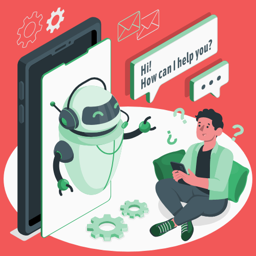 a man sitting next to a phone interacting with a fully automated chatbot.