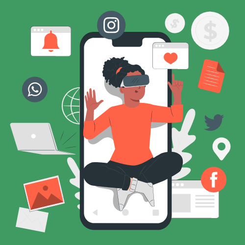 a woman wearing a virtual reality headset interacting with social media platforms.