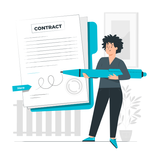 a woman holding a pen and a document ready to sign a marketing contract.