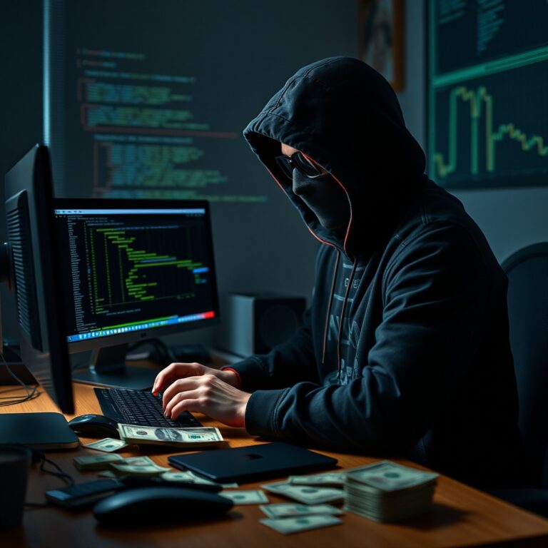 a man wearing a mask and sitting at a desk with computer screens and money
