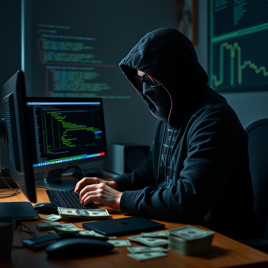 a man wearing a mask and sitting at a desk with computer screens and money