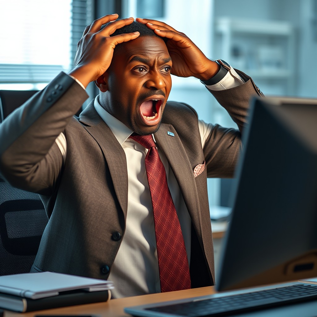 Shocked businessman at his desk, reacting to a computer screen error, representing digital challenges, the importance of professional web development, and the need for reliable technical support services.